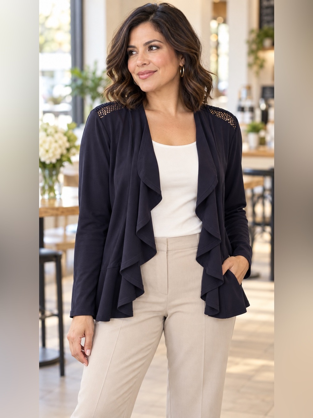 Nina Leonard Medium Navy Crochet Back Waterfall Cardigan